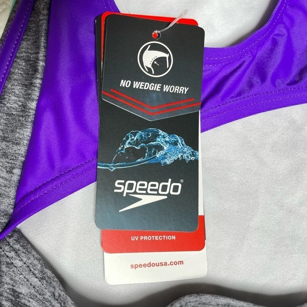 New With Tags Speedo Girls One Piece Racerback Swimsuit Size 14 Gray Purple Aqua